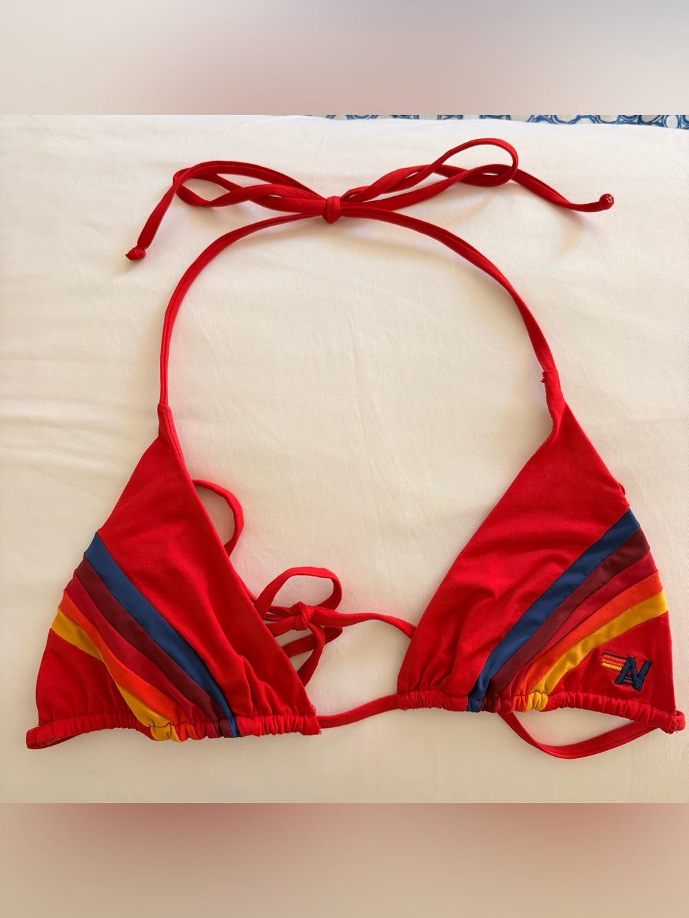 Red Triangle Bikini Top with Rainbow Stripe Detail